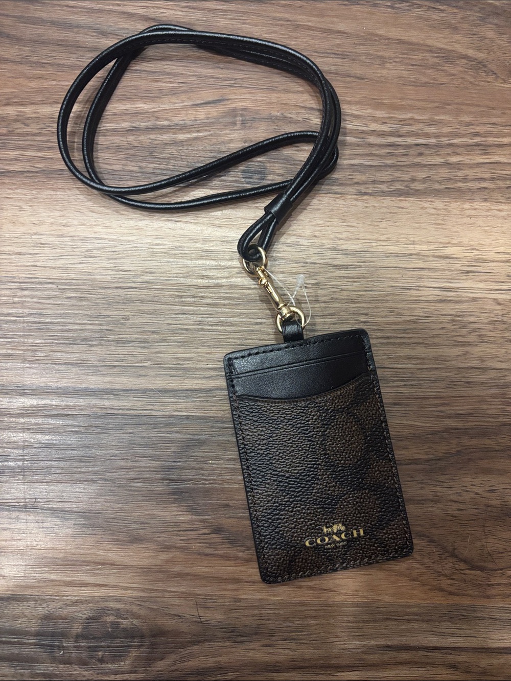 Coach Brown and Black Lanyard Card Case with Gold Hardware